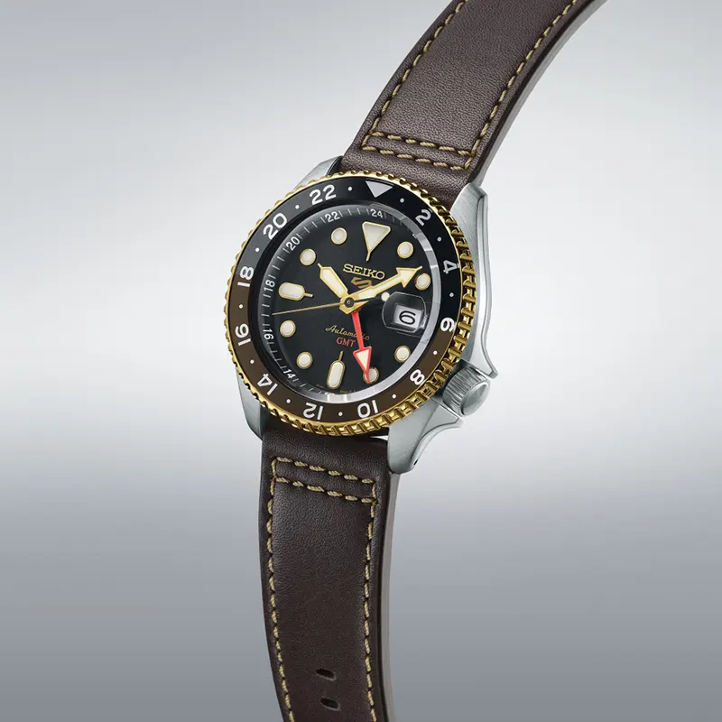 Seiko 5 Sports GMT SKX Black Dial Brown Leather Men’s Watch- SSK036K1